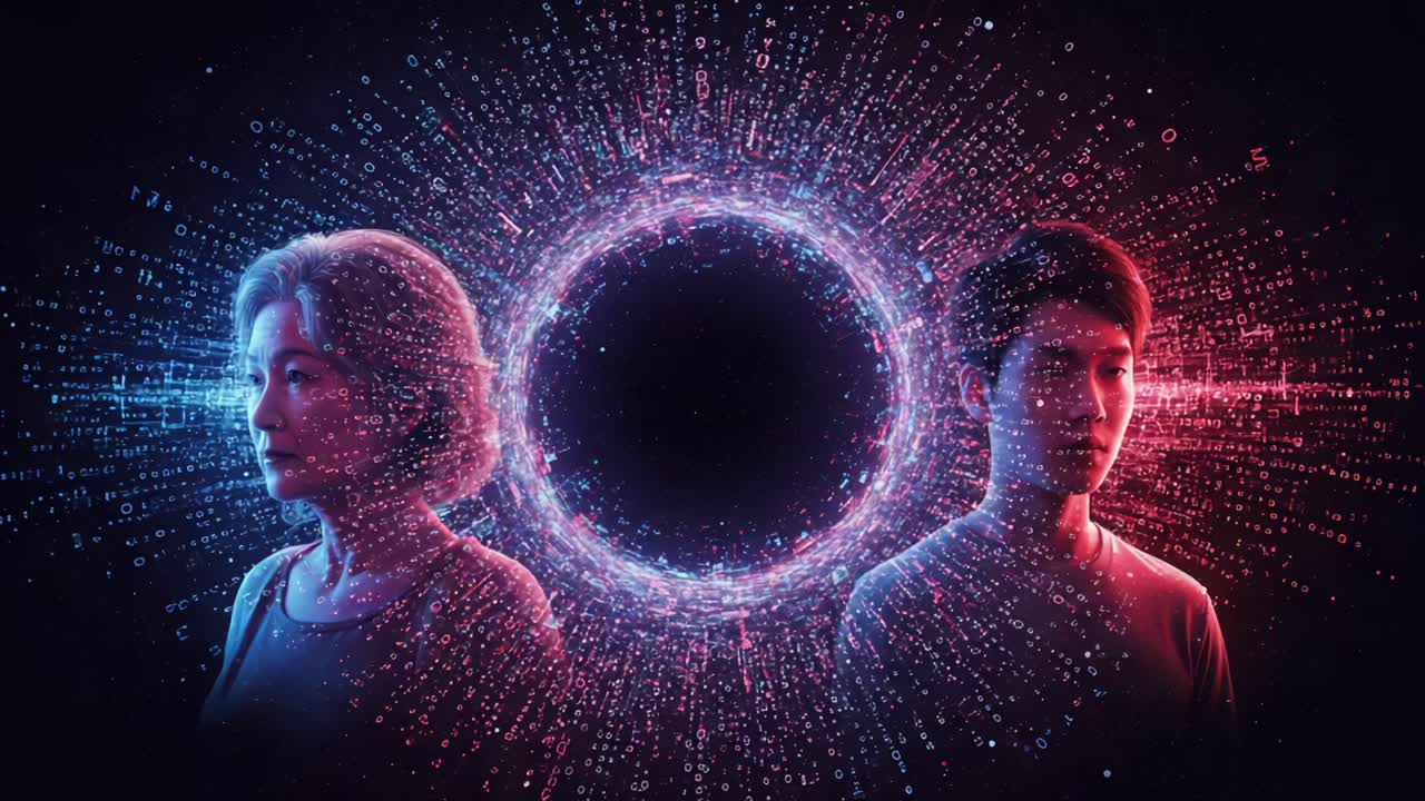 A profound exploration of the generational divide, showcasing the juxtaposition between past and future through two subjects surrounded by a dynamic digital vortex of data and connections