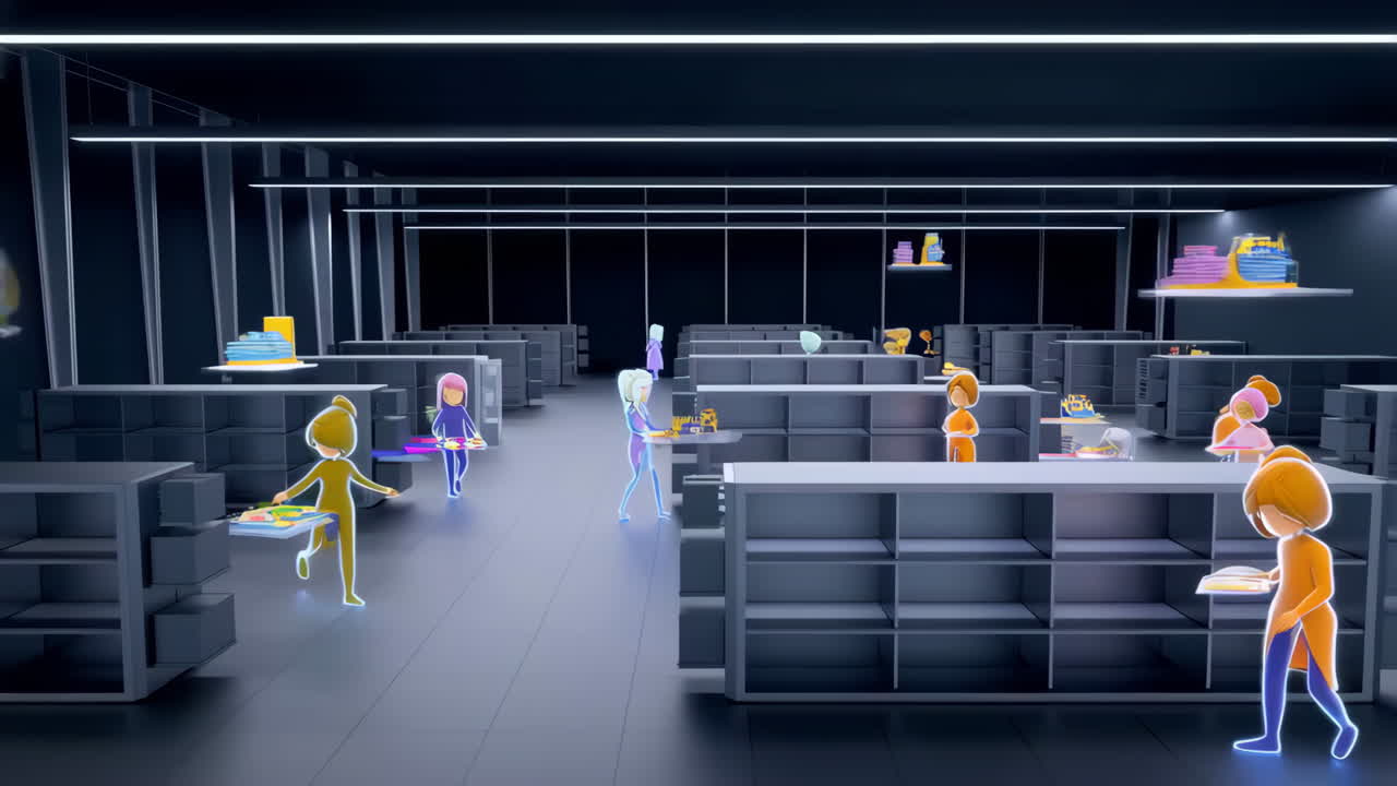 Avatar digitali in uno spazio commerciale futuristico