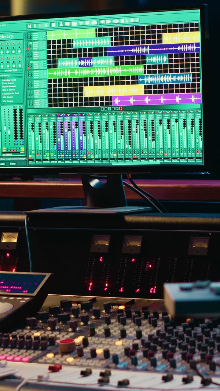 Close-up of Digital Audio Workstation and Sound Mixing Board