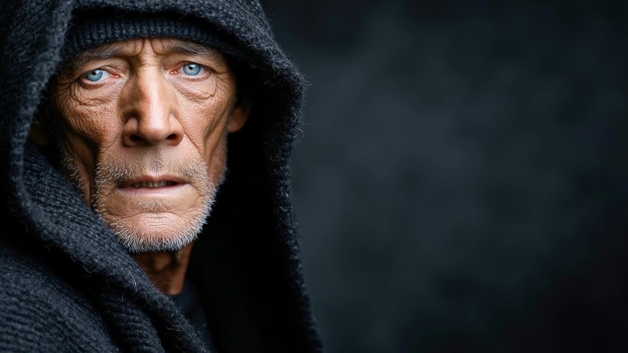 Ritratto di un uomo anziano con occhi azzurri penetranti che indossa un mantello con cappuccio nero o un maglione.