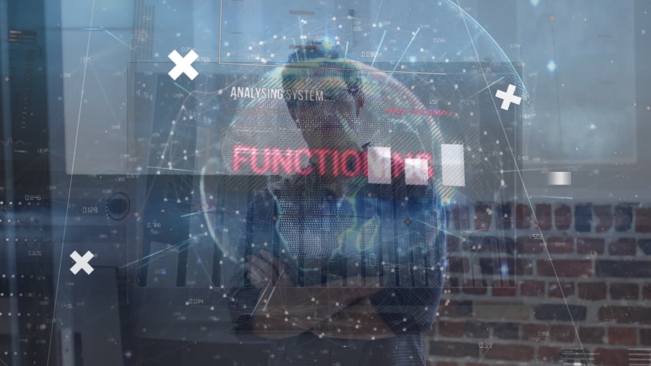 animación del globo con procesamiento de datos sobre el hombre de negocios caucásico.