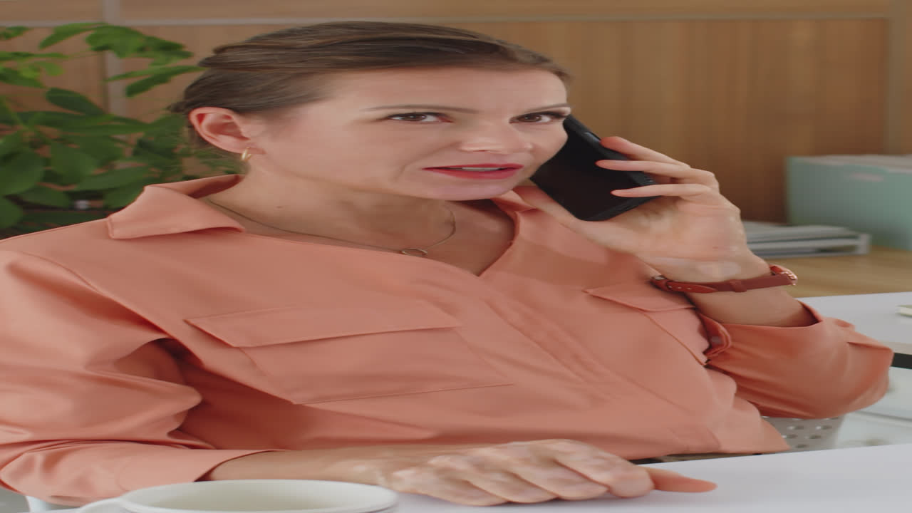 Vertical of Secretary Having Phone Talk with Coworker at Office