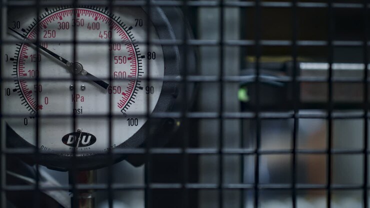 Factory machine indicator micrometer displaying pressure measurement at plant