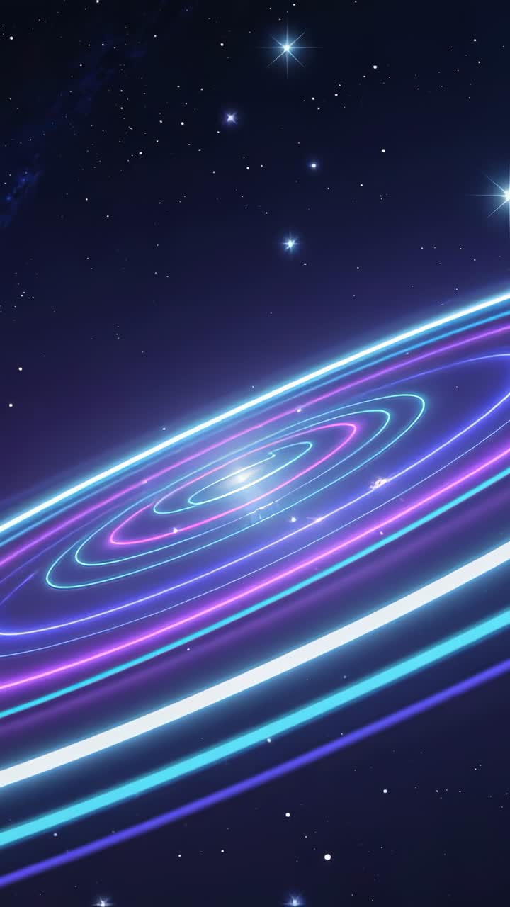 Vertical video: Appearing from starfield, concentric rings rotating in space, pulsing cyan violet