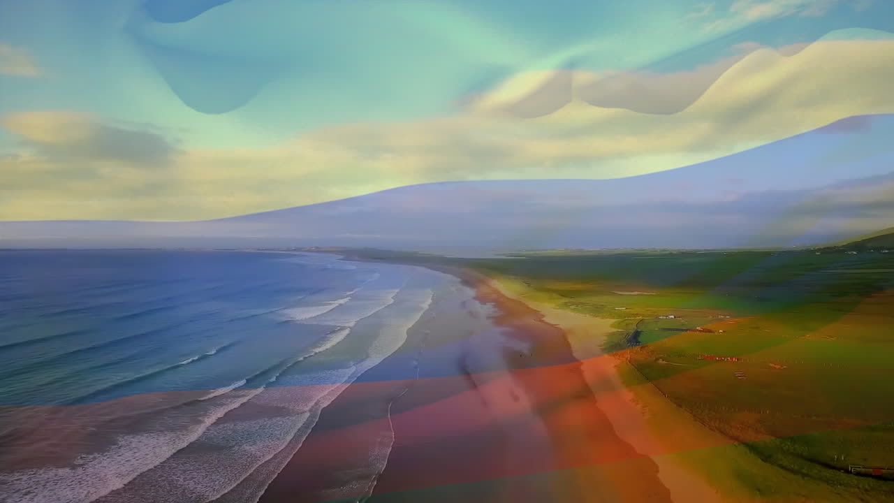 animación de la bandera de colombia ondeando sobre una playa soleada