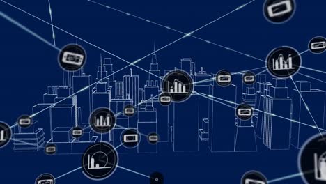 Animation-of-network-of-connections-with-icons-over-3d-architectural-model