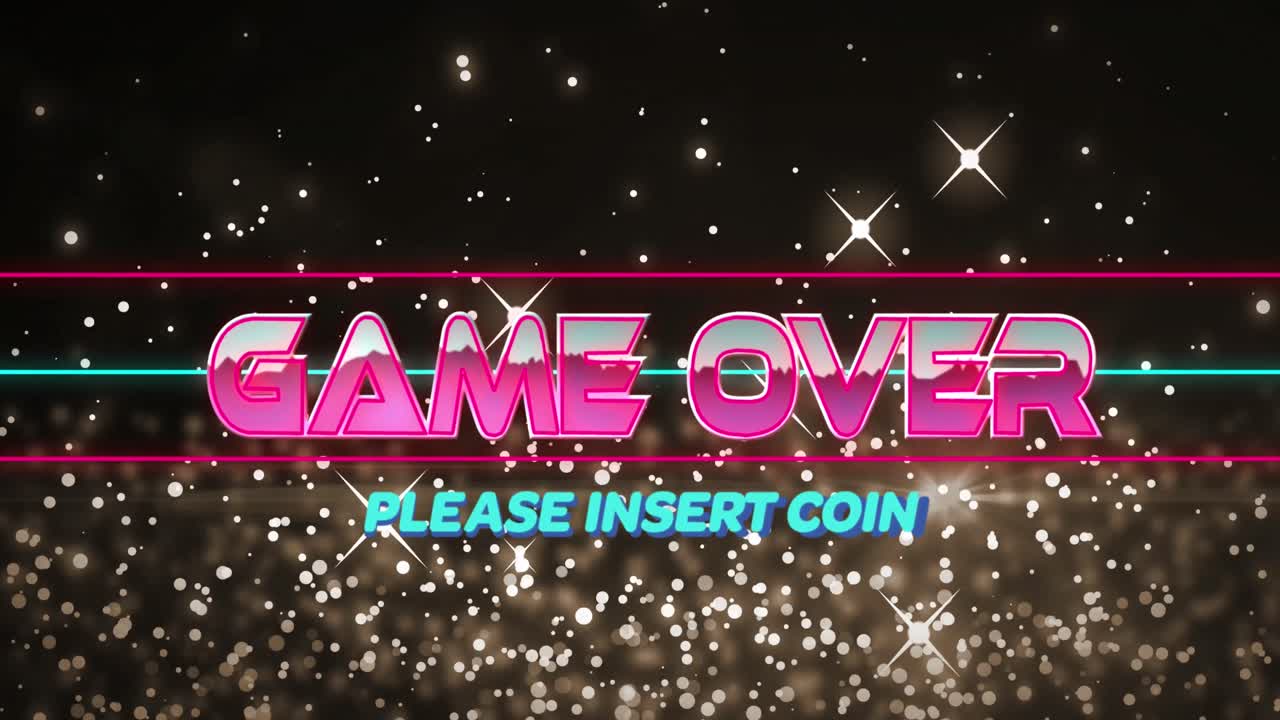 검은색 배경에 있는 밝은 반점 위에 있는 텍스트 위에 있는 게임의 애니메이션