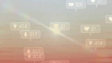 social media notifications animation over sunset sky background