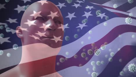 Covid-19-cells-and-human-head-model-against-US-flag-waving