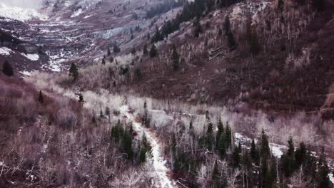 snowy trail between steep mountain slopes in hobble creek canyon, wasatch range, utah