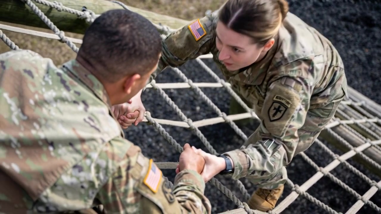 Climbing female soldier pulling onto rope-net beam at obstacle-course as ally reaching down in camo