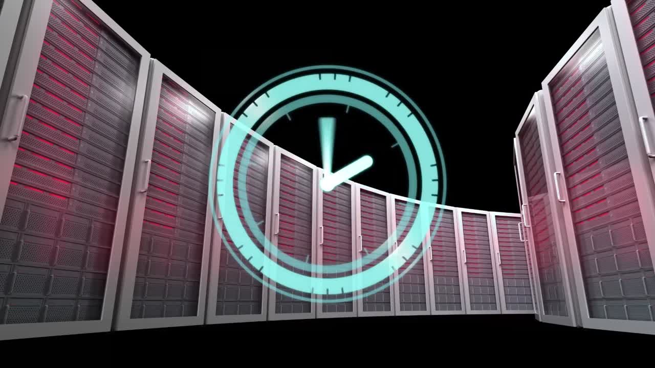 animación del reloj moviéndose rápidamente sobre los servidores de la computadora