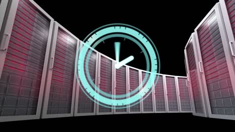 animation of clock moving fast over computer servers