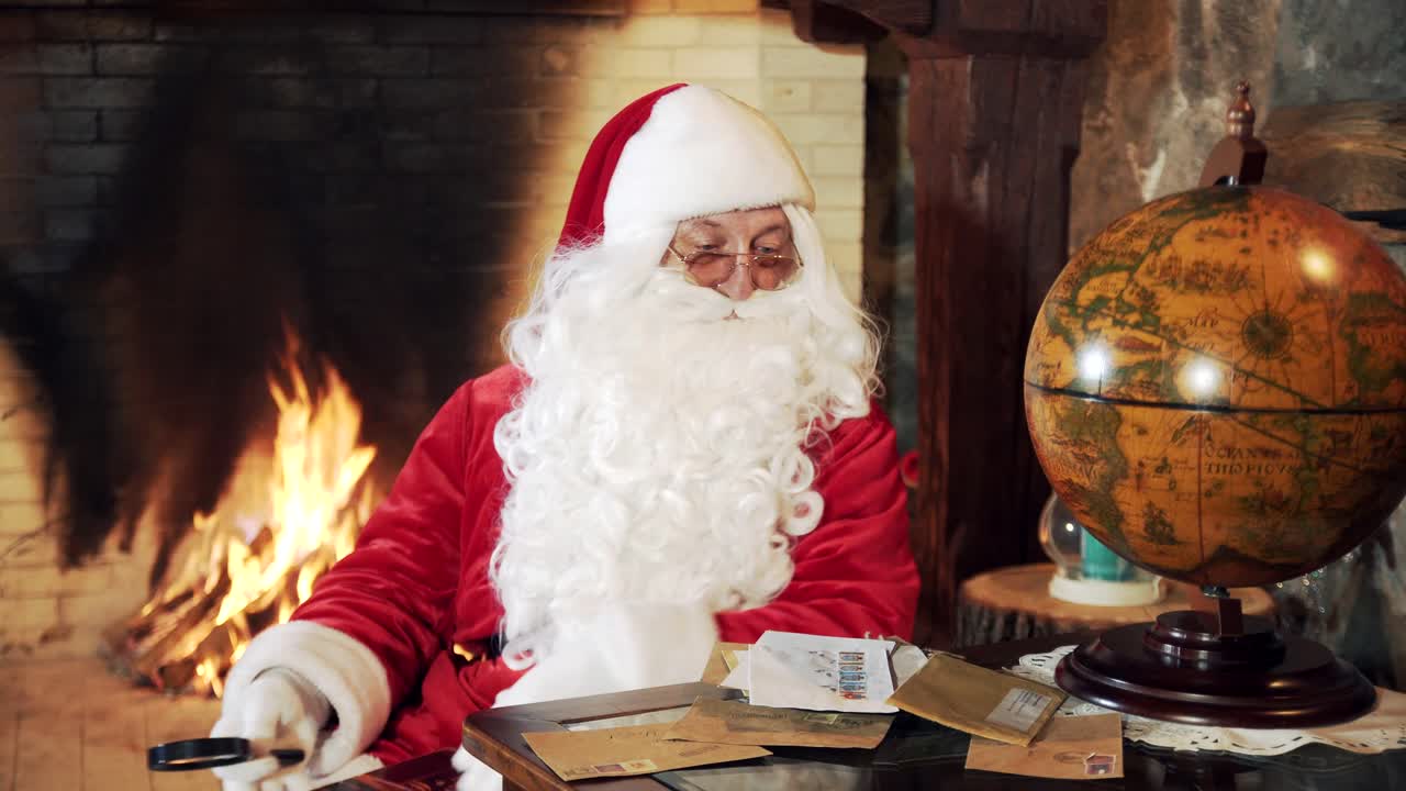 Authentic Santa Claus with a book on fireplace backdrop. Portrait of a Santa in glasses reading book through a magnifying glass near the table with globe and letters at home