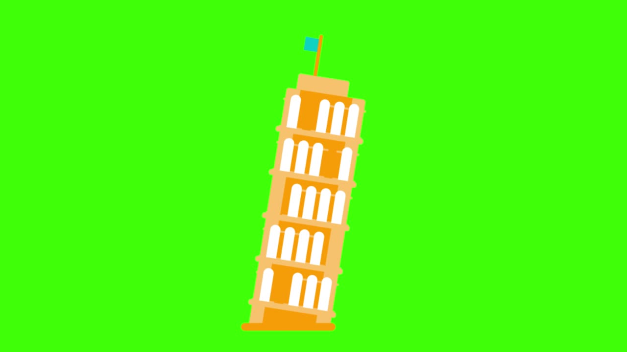 Animazione dell'icona della Torre di Pisa su schermo verde.