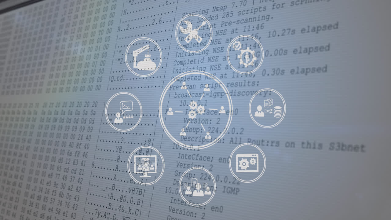 animación de iconos digitales que giran sobre el procesamiento de datos contra un fondo gris