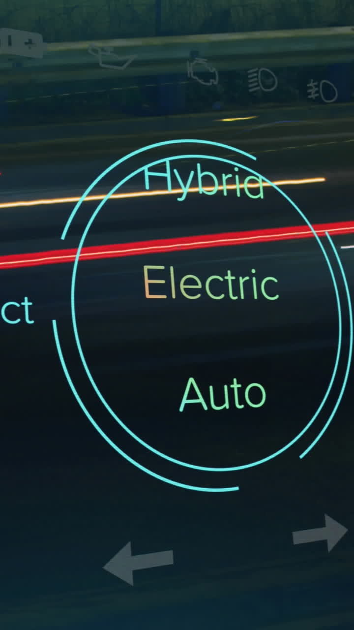 animación de los datos de velocímetro, tipo de potencia, carga y estado en la interfaz del vehículo híbrido