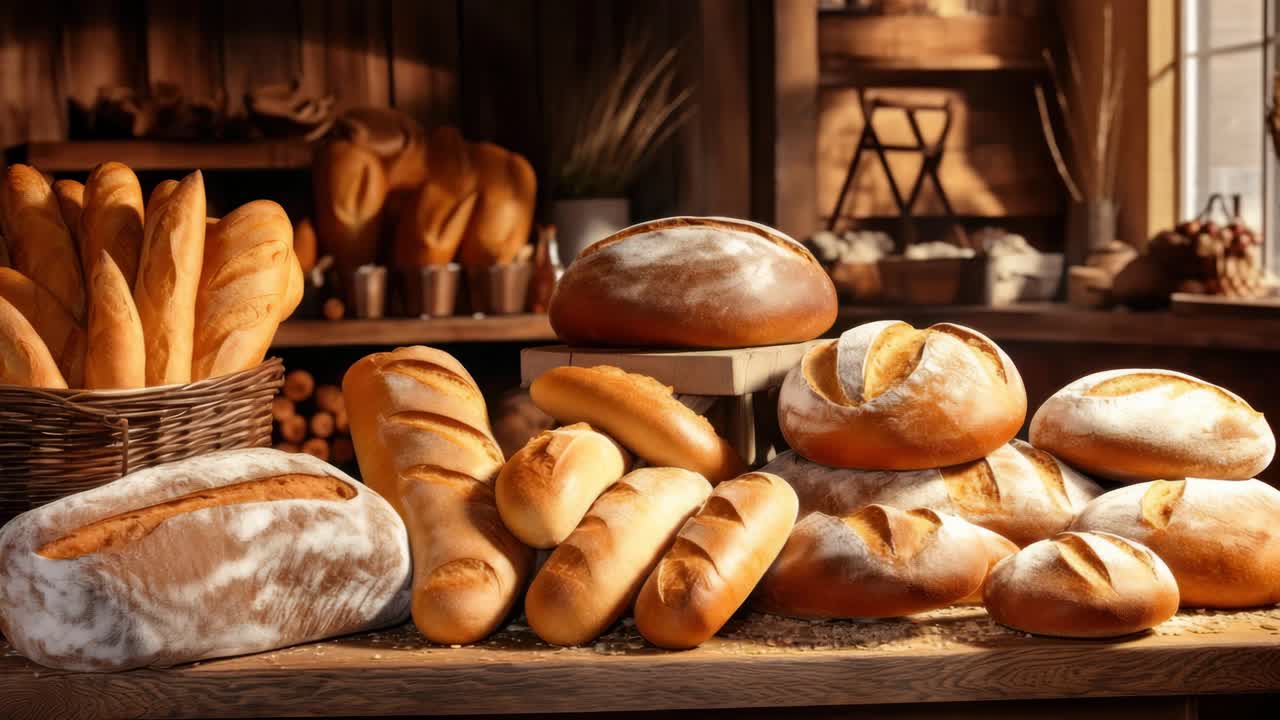 Warm, rustic bakery scene with various breads on a wooden table