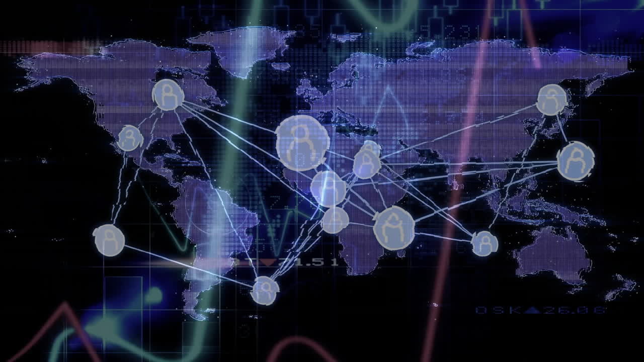 Network of connections and data processing animation over world map ...