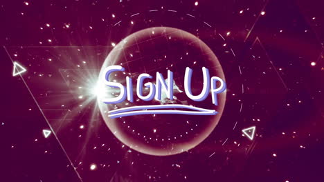 glowing sign up animation over geometric shapes and starry background
