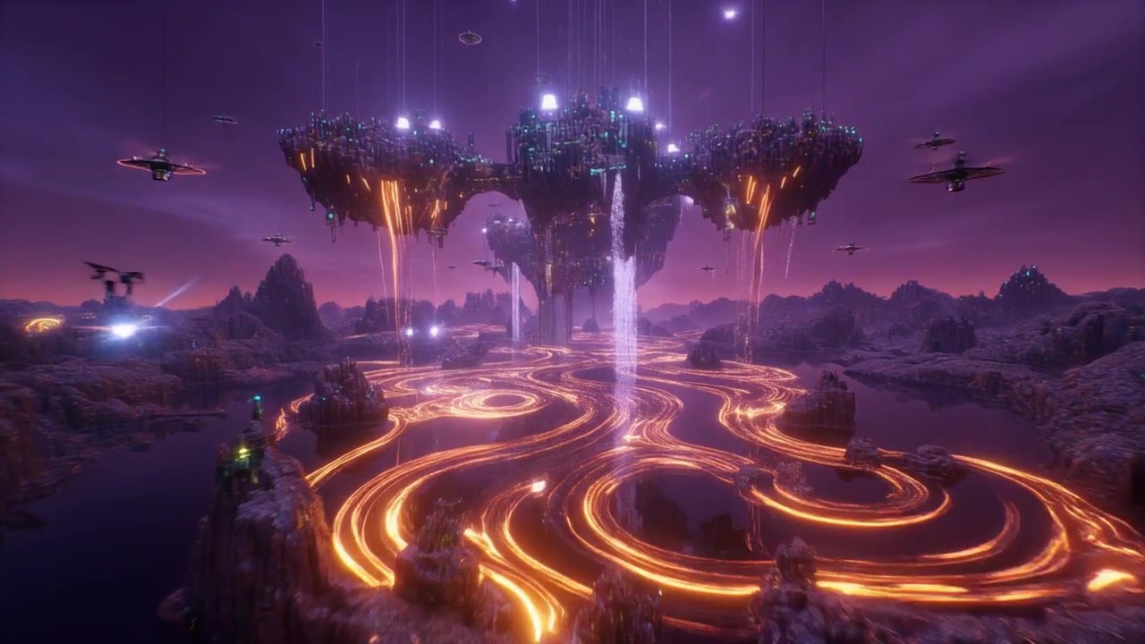 Città aliena futuristica che fluttua sopra un paesaggio energetico luminoso