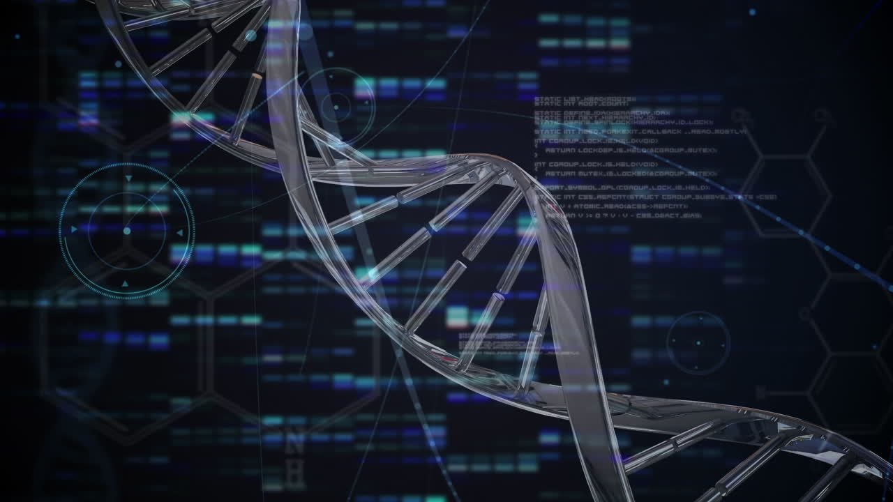 Animation of dna strand spinning over scientific data processing on blue background