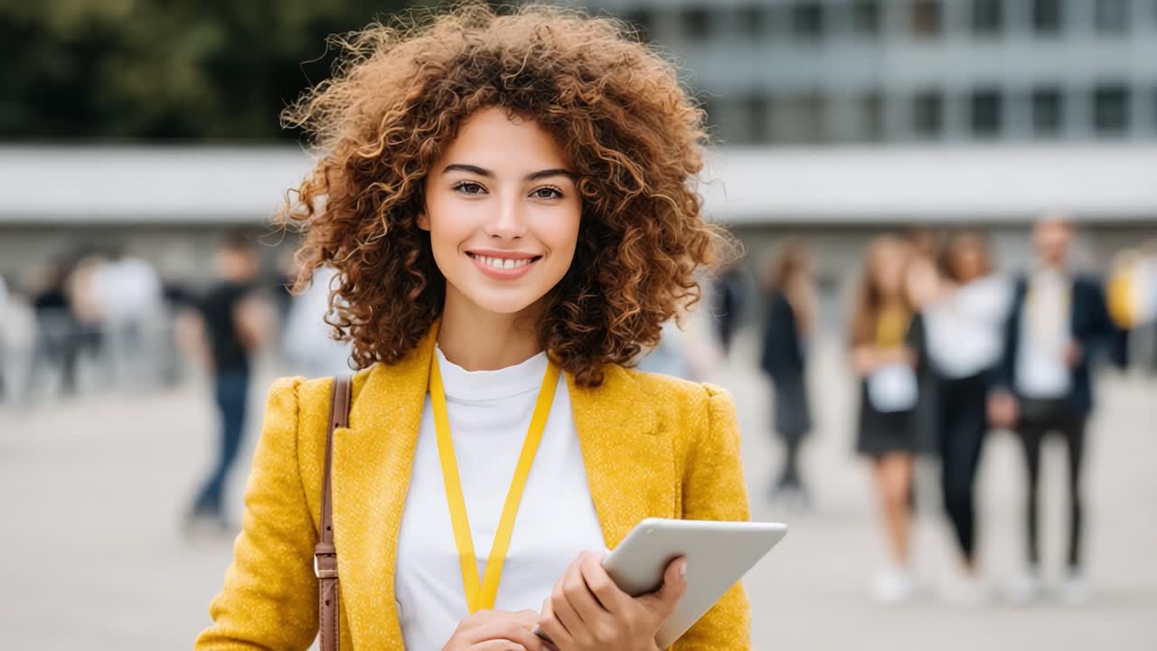 Giovane donna sicura di sé con capelli ricci che tiene in mano un tablet, sorridendo alla fotocamera in un affollato evento all'aperto