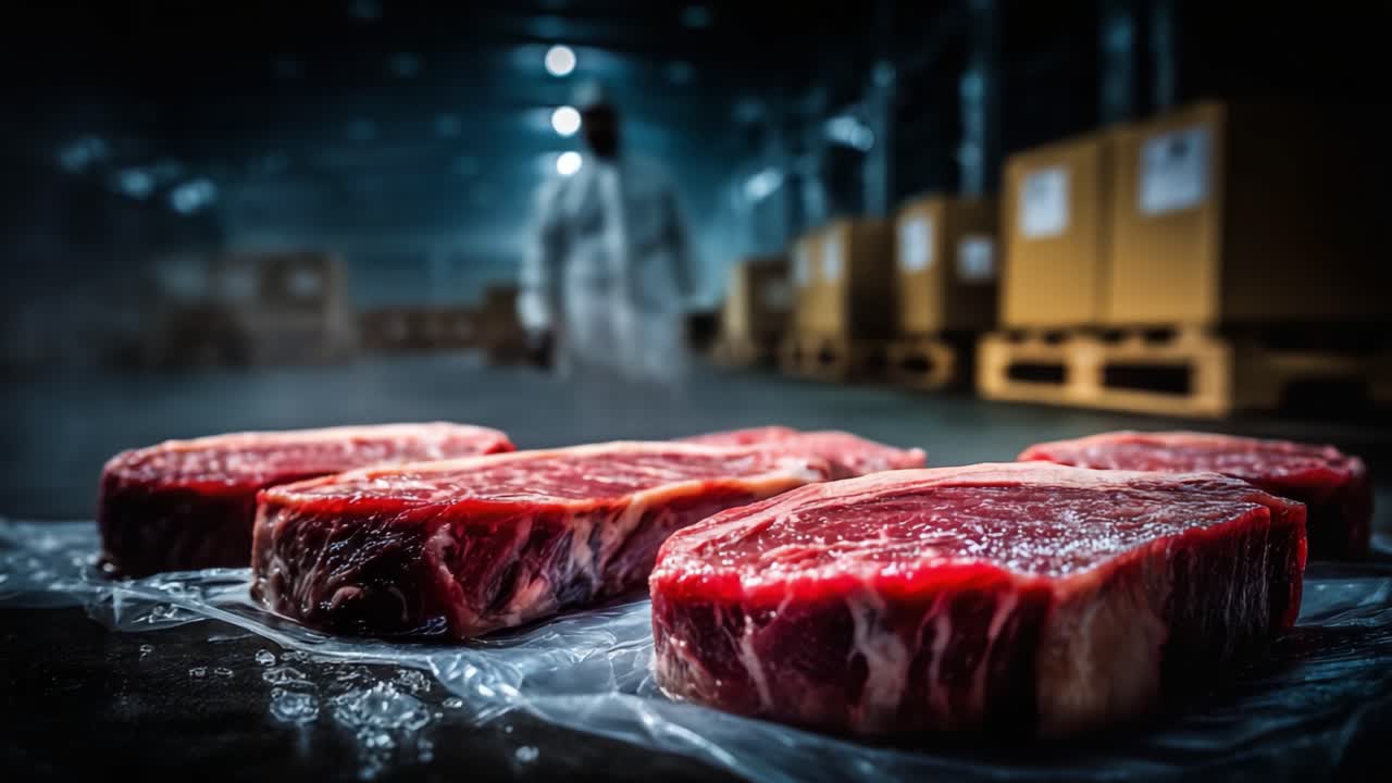 Fresh Cuts of High-Quality Meat Displayed in a Foggy Warehouse Environment, Highlighting Their Juiciness and Premium Quality in a Food Processing Facility
