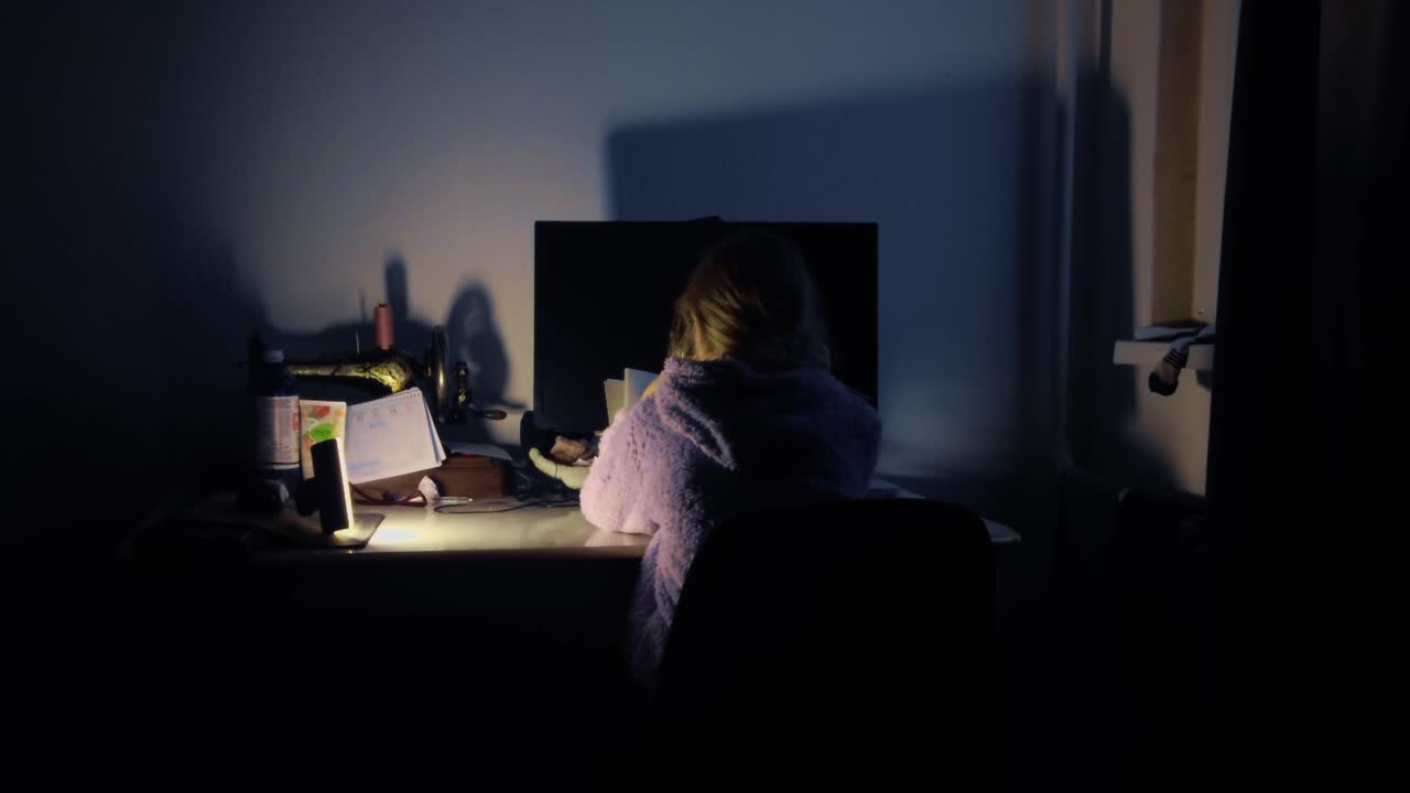 A cinematic high-demand b-roll of a child studying at a dark desk. Warm lamp light emphasizes deep focus and authentic home education. Perfect for learning and productivity themes in 4K resolution