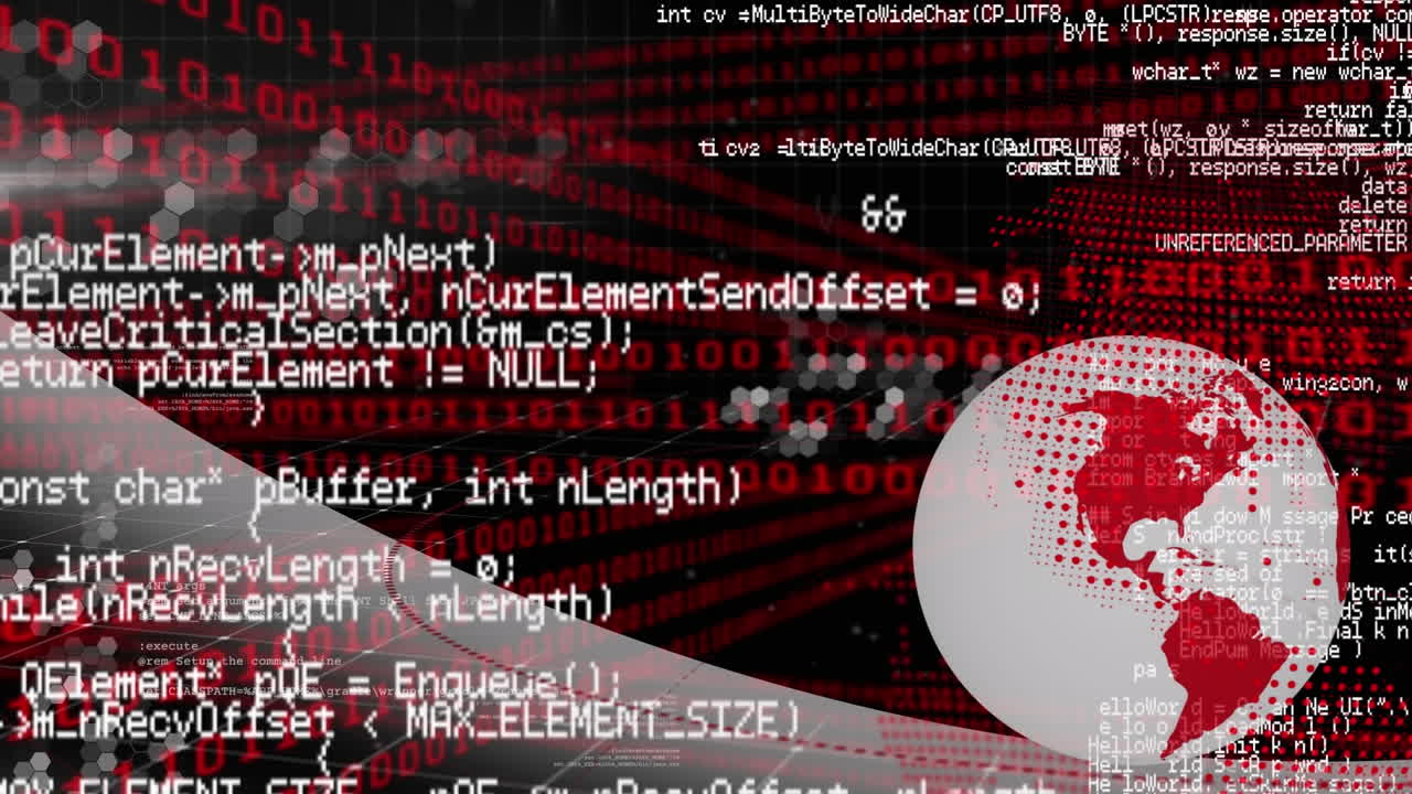 animación del lenguaje informático sobre globo giratorio y códigos binarios en fondo negro.
