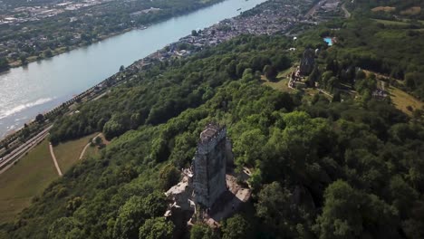 the ruined castle burg drachenfels, dragon's rock, with rhine river and valley views