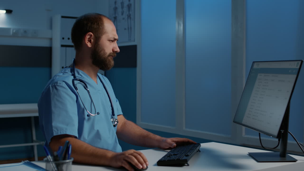 Overworked Doctor in Hospital Office