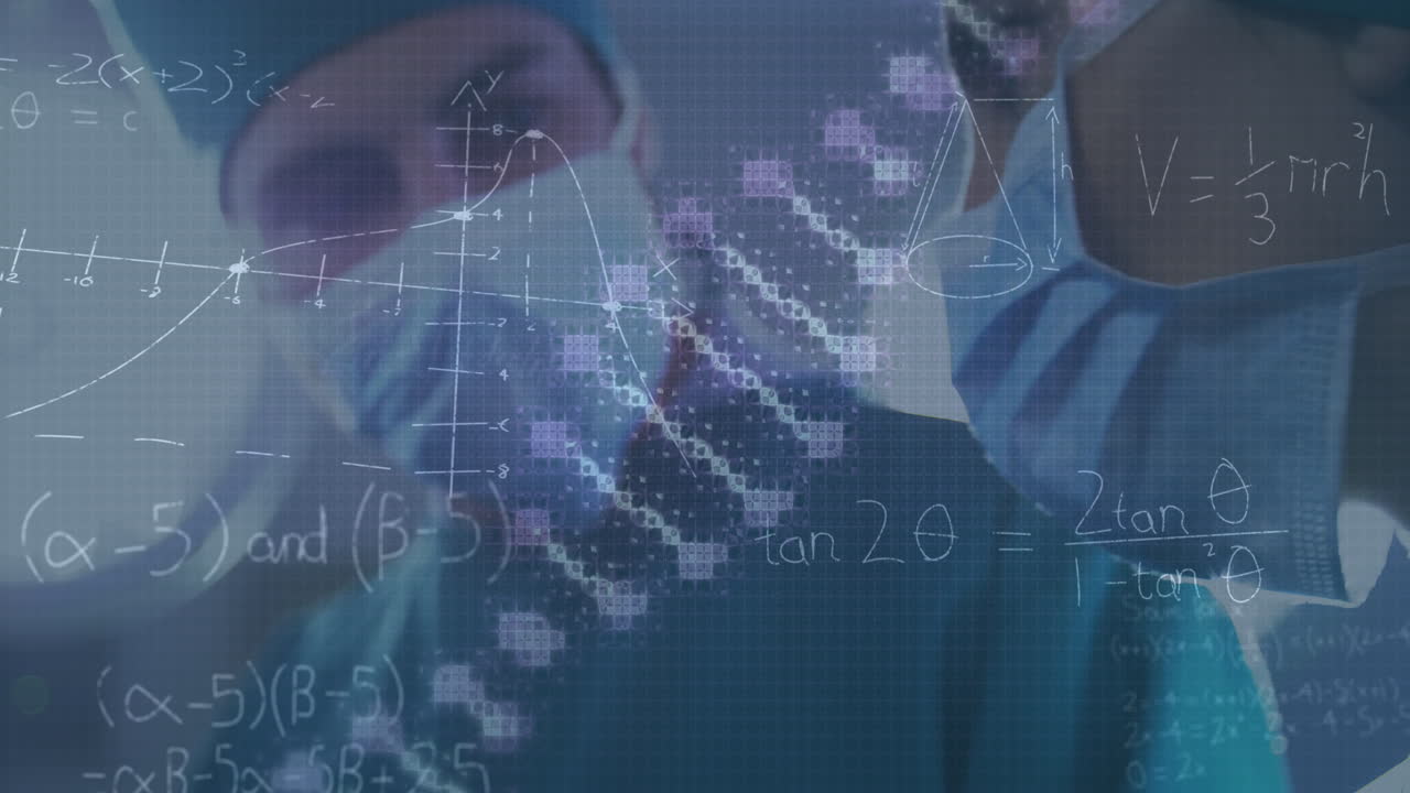 Animazione di DNA rotante su chirurghi caucasici, una donna e un uomo, durante l'operazione.