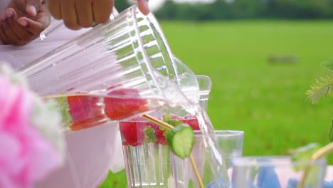 Brown-skin-woman-in-nature-is-pouring-fruity-water-into-a-glass-filled-with-lemon-and-mint-then-taking-the-jar-and-leave-slow-motion