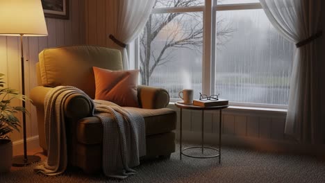 cozy rainy day retreat: an inviting armchair by the window surrounded by soft textiles, a warm light, and the soothing sound of rainfall outside