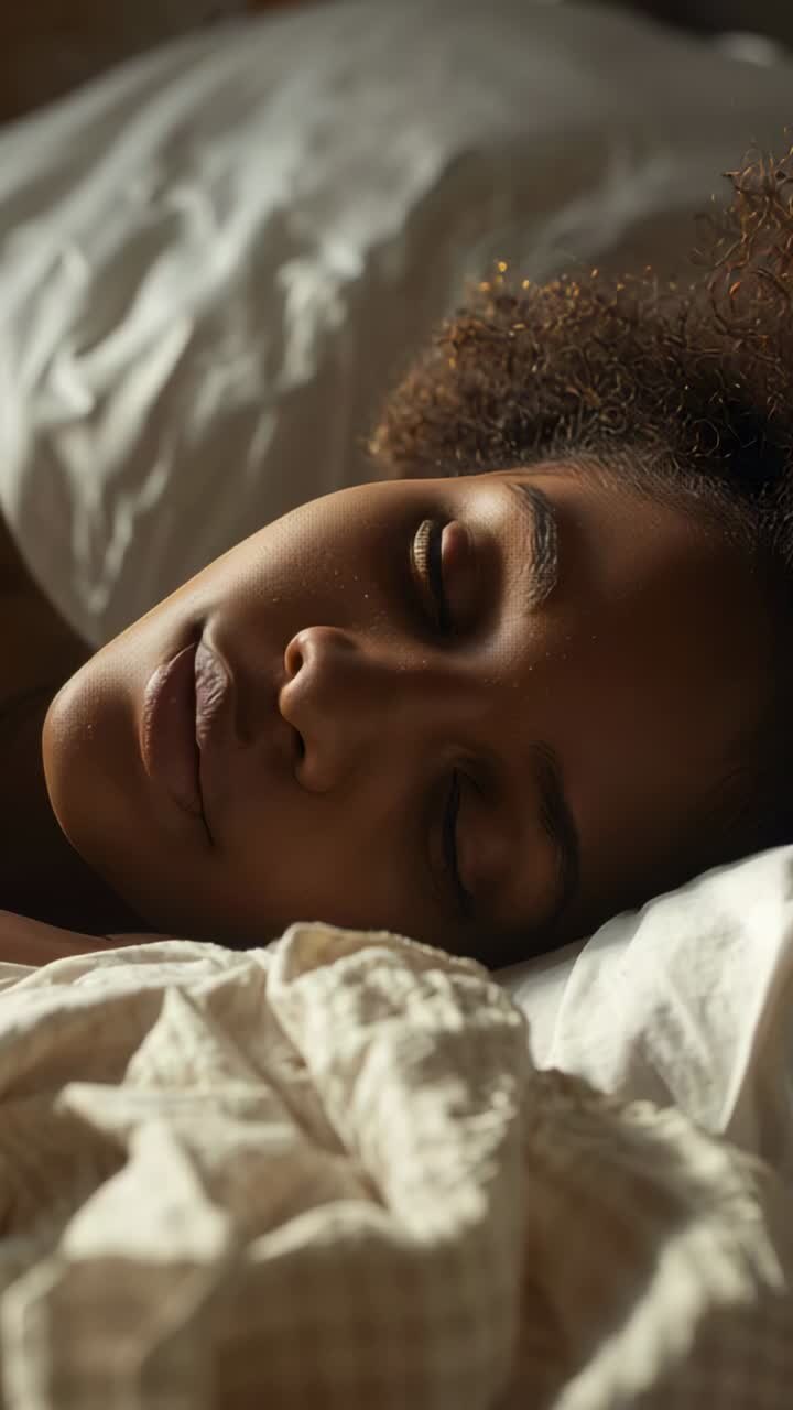 Video verticale: donna adulta che dorme e respira nel letto per riposare, causando spostamenti di cuscini e coperte