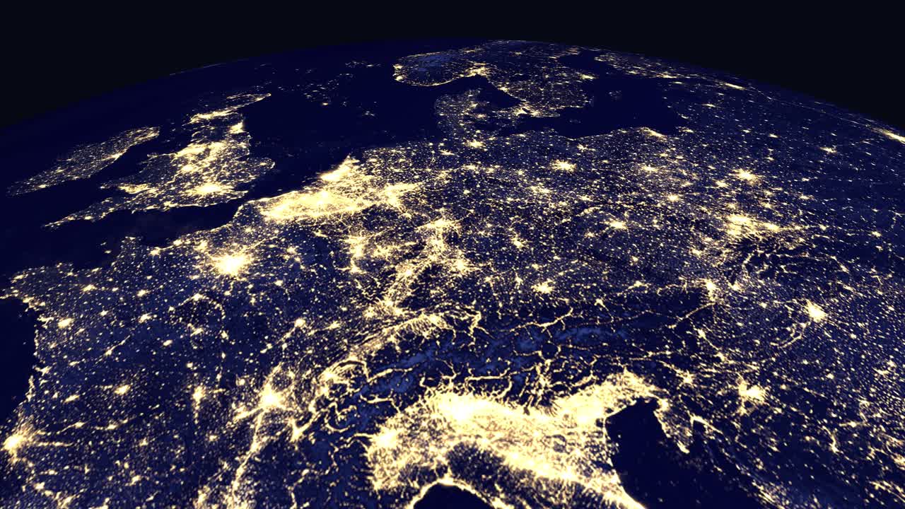 Un'animazione digitale zooma dallo spazio su una mappa notturna luminosa dell'Europa occidentale.