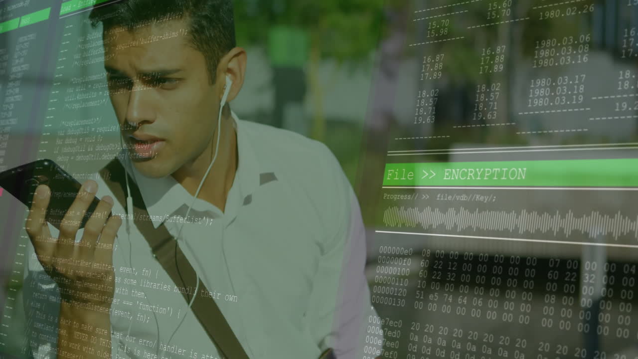 Man with headphones talking on phone over encryption and coding animation
