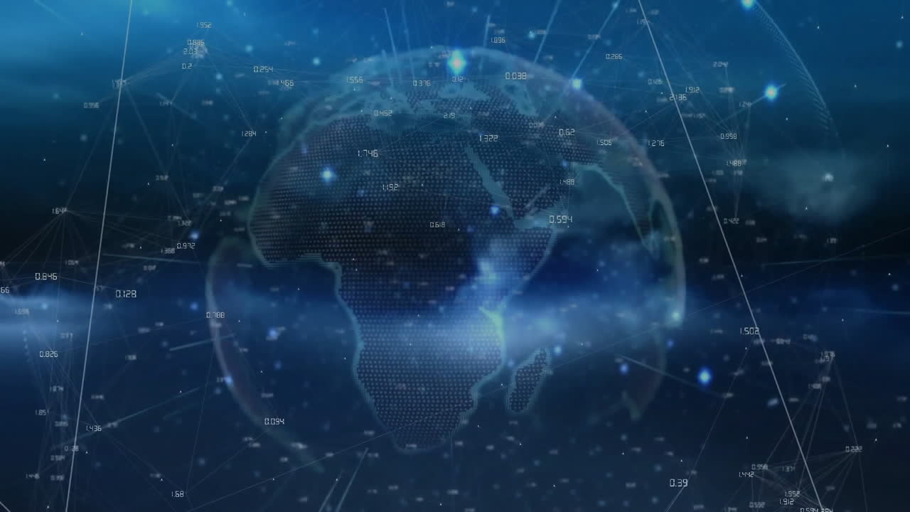Animation of network of connections with data processing over globe on blue background