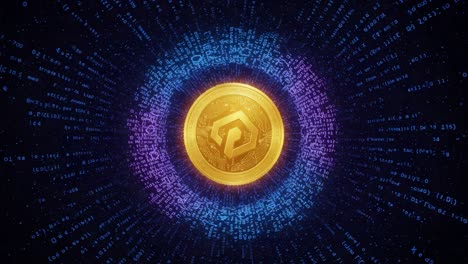 digital cryptocurrency coin surrounded by abstract data streams and binary code, representing blockchain technology and future financial innovations