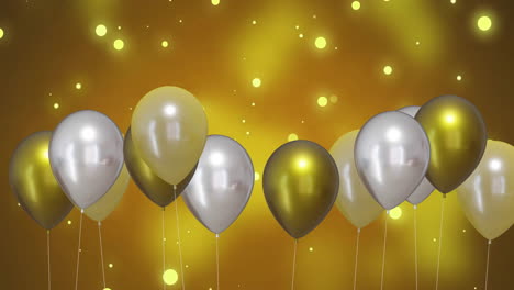 animation of gold and silver balloons with party streamers on yellow background