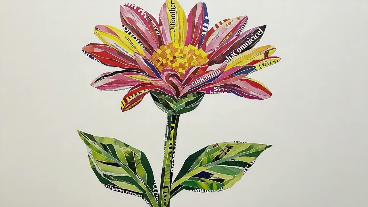 A Vibrant Flower Artwork Depicting Nature's Beauty Through Collage Techniques and Colorful Layers of Paper Materials, Showcasing Artistic Skill and Creativity