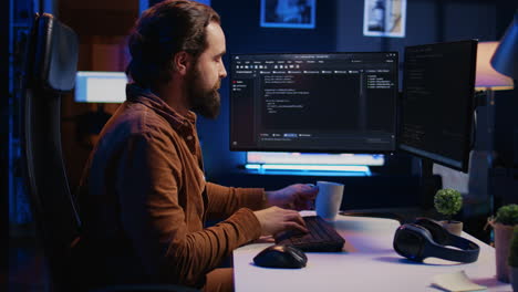 Focused programmer drinking coffee in apartment while solving database errors
