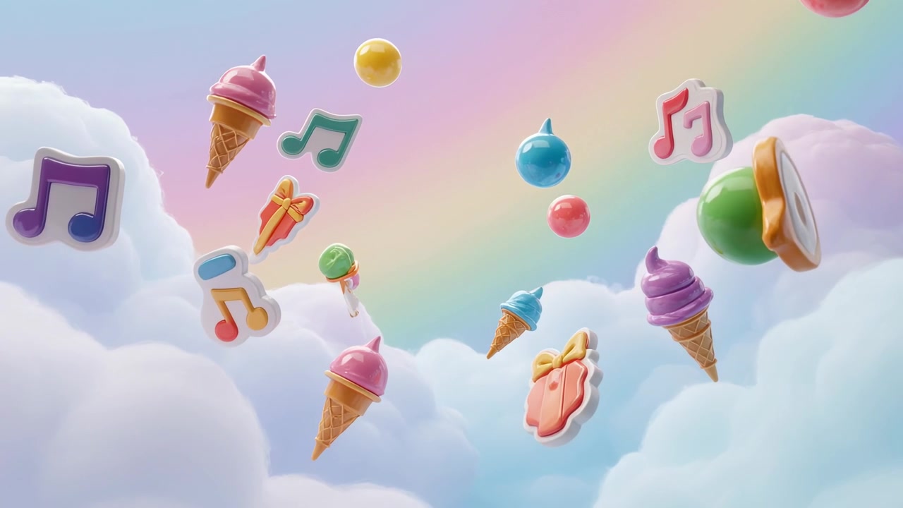 Telecamera che avanza, grappolo di caramelle e note musicali che si sposta a destra su un cielo pastello, mostrando coni.