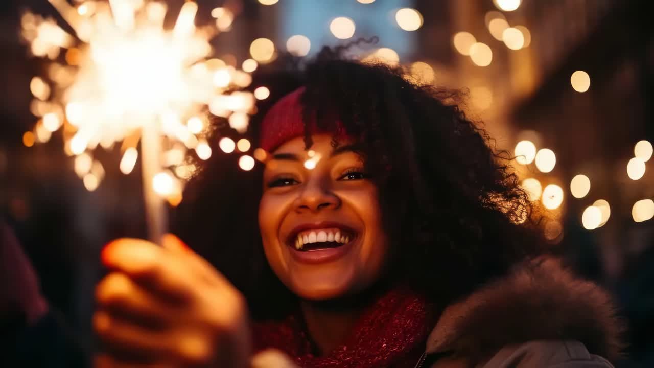 En glad kvinde, der holder stjernekastere, fanget i en nærbillede-engel. Bokeh-lysene skaber en festlig stemning