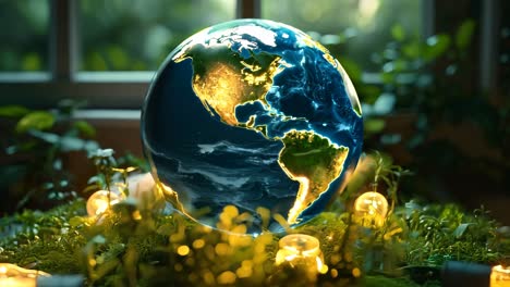 a globe is surrounded by plants and lights, giving the impression of a futuristic world. the scene is meant to convey the importance of preserving our planet and the need for sustainable living