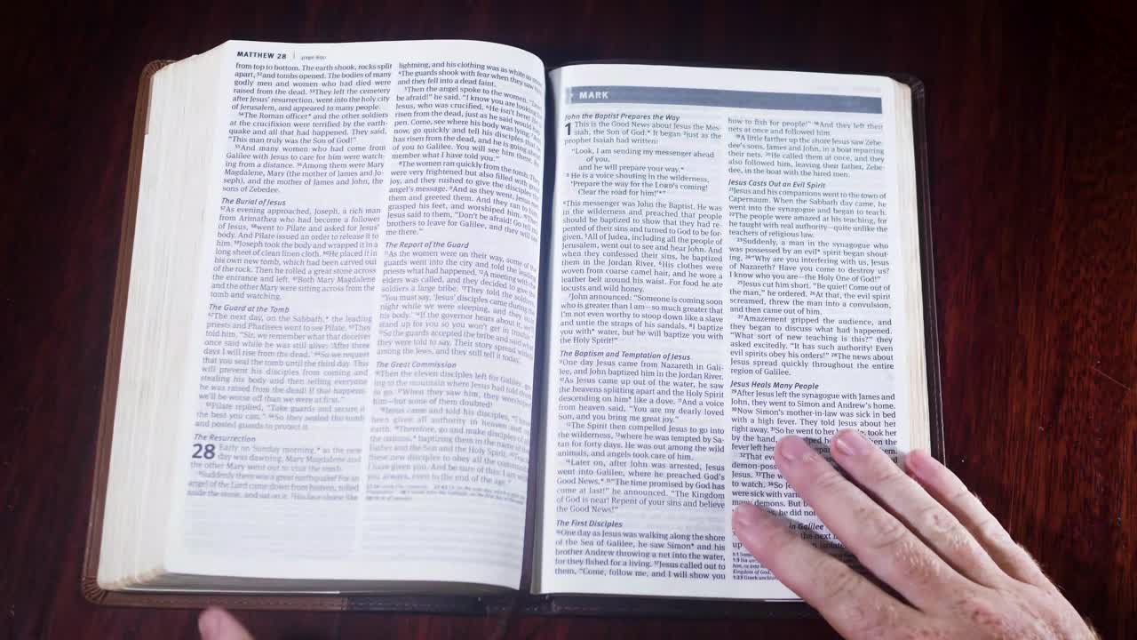 Top down shot of a leather bound bible being opened up to the book of Mark