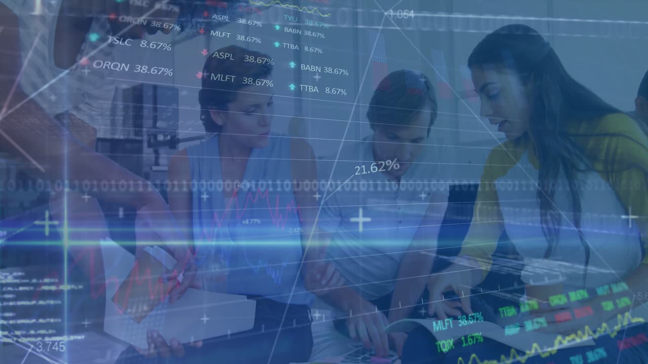 Animation of financial data processing and stock market over diverse business people