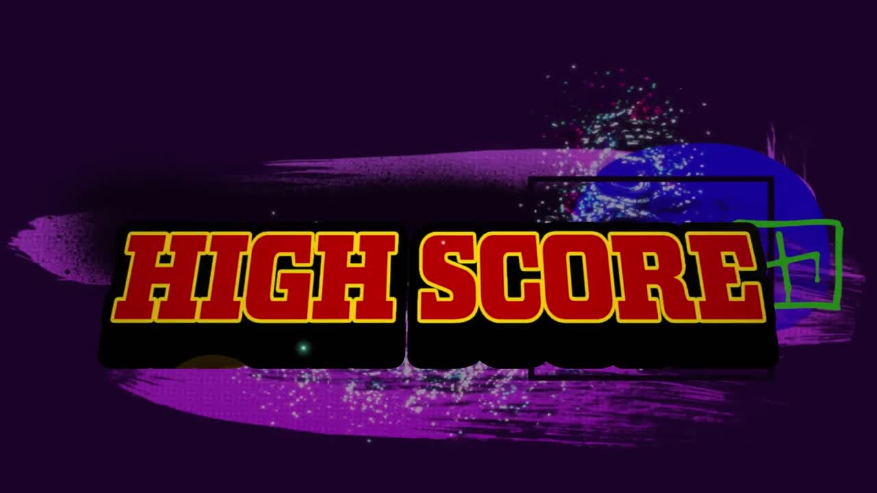 Animation of high score over moving colorful graphics on dark background