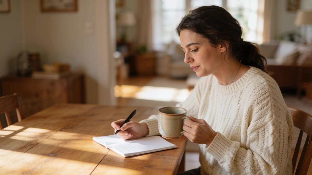 Journaling woman in cream sweater at home in sunlight, sipping mug and noting journal, copy space
